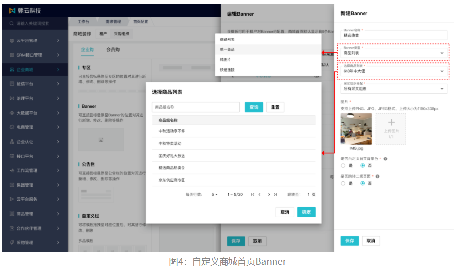 2.商城内容展示同样支持灵活配置。  为了更好地提高企业自定义商城内容展示以及提升用户的采购欲望，企业可自行设置Banner、自定义栏、公告栏等，丰富商城内容。通过将众多产品推荐的灵活组合，将用户最有兴趣的和最有可能购买的产品推荐到用户面前，给用户提供良好的购物体验，提高用户的购买欲望。  商城首页Banner可视化编辑   Banner可展示多种关联类型，满足图片广告、分类展示商品等各种需求。企业可从自由组合、供应商、销量等多维度创建商品集合供Banner、自定义栏以及专区引用。在Banner处可自定义设置Banner图片和其关联内容类型，可为单一商品推荐、纯图片内容展示、快速链接以及可从Banner进入商品列表页面，通过Banner丰富内容的展示吸引用户的眼球，促进商城的消费积极性。